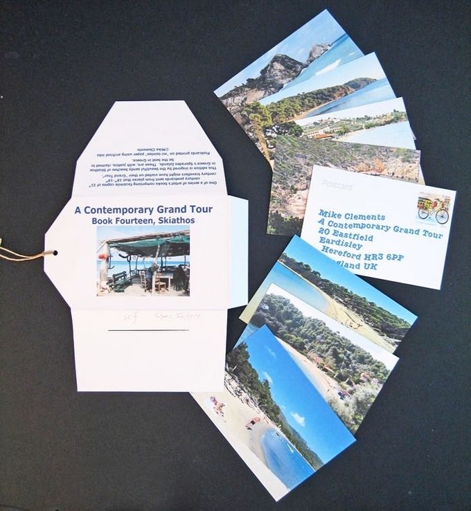 A Contemporary Grand Tour, book XIV, Skiathos
This edition is inspired by the beautiful sandy beaches of Skiathos in Greece's Sporades Islands, claimed to be the best in Greece.
Postcards on Southbank 250gsm, 
sleeve from mi-teintes 160gsm.
18.7 x 11.1cm
£30
