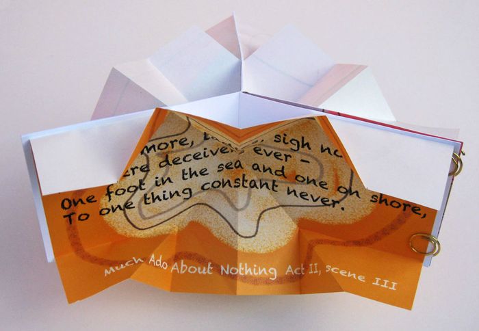 As Nothing ends Well (three Shakepearean comedy stages) - for the 400th anniversary of Shakespeare’s death
A sculptural form book that folds flat (to 11.8 x 8.5cm) and opens to a rough circle c24cm diameter.  The book has three pages, each being of “Turkish mapfold” format.  The pages are joined so that each open mapfold occupies c120° of the circle.
Each page has an abstract image by the author inspired by the plot of Shakespeare plays “As You Like It”, All’s Well That Ends Well” & “Much Ado About Nothing”.  The text on these pages quotes known speeches from the relevant play, e.g “All the world’s a stage …” from “As You Like It”.
The title “As Nothing Ends Well” has parts of the names of all three Shakespeare plays used.  The Sub-title refers to the resemblance of the open mapfold pages to a proscenium theatre stage.
£35
